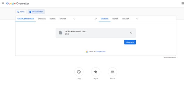 Skjermdump, trykk på knapp for å oversette dokument