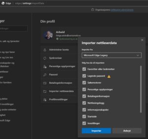Skjermbilde import av data til Edge