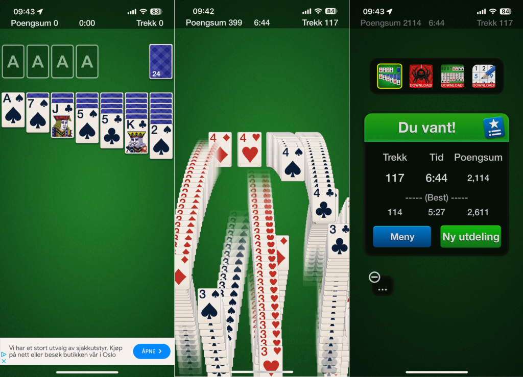 Skjermbilder av Kabal, nytt spill - animasjon når kabalen gikk opp og statistikk for hvor lang tid du har brukt