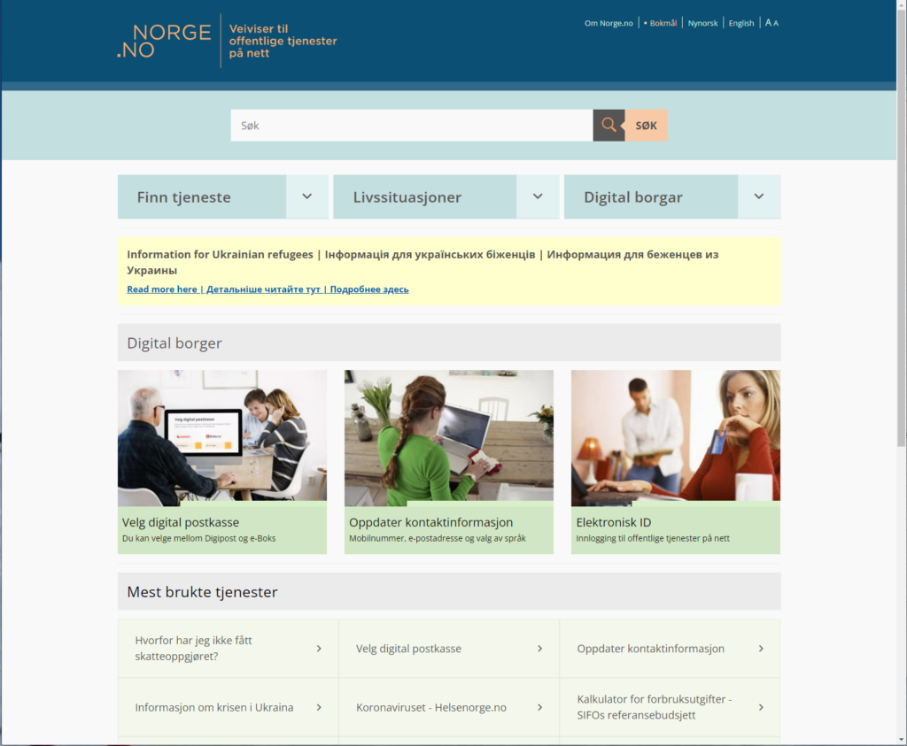 Skjermdump av forsiden til Norge.no