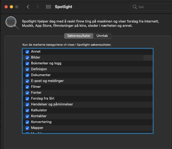 Skjermdump av søkeresultater-valg