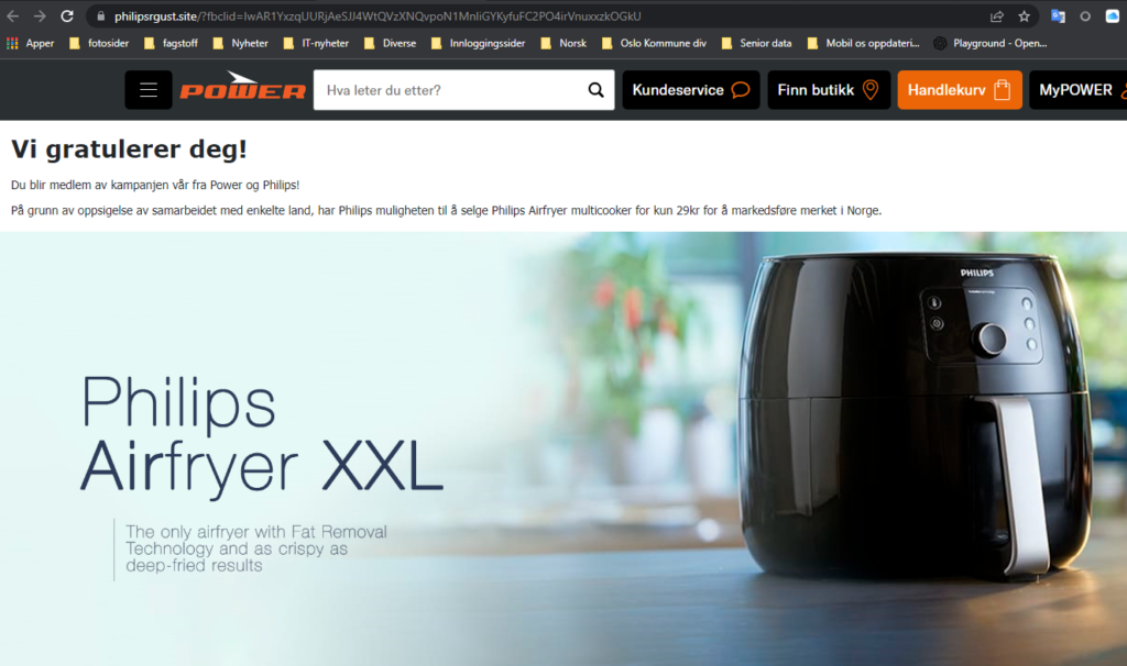 Skjermdump av en svindelside