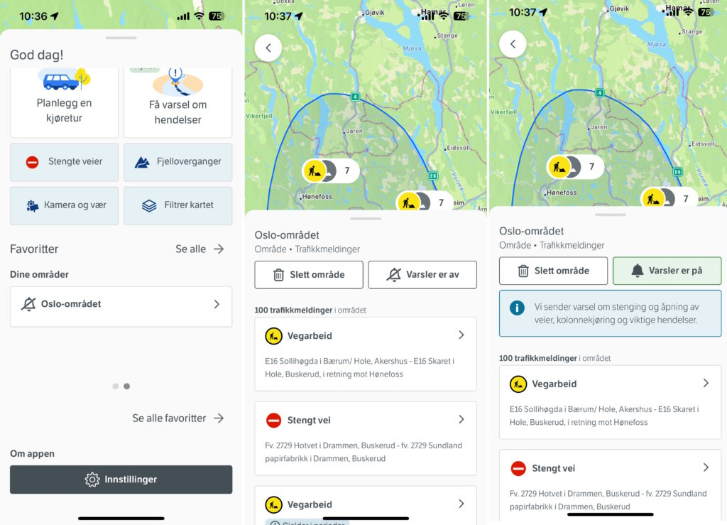Skjermbilde av favoritter og varslinger