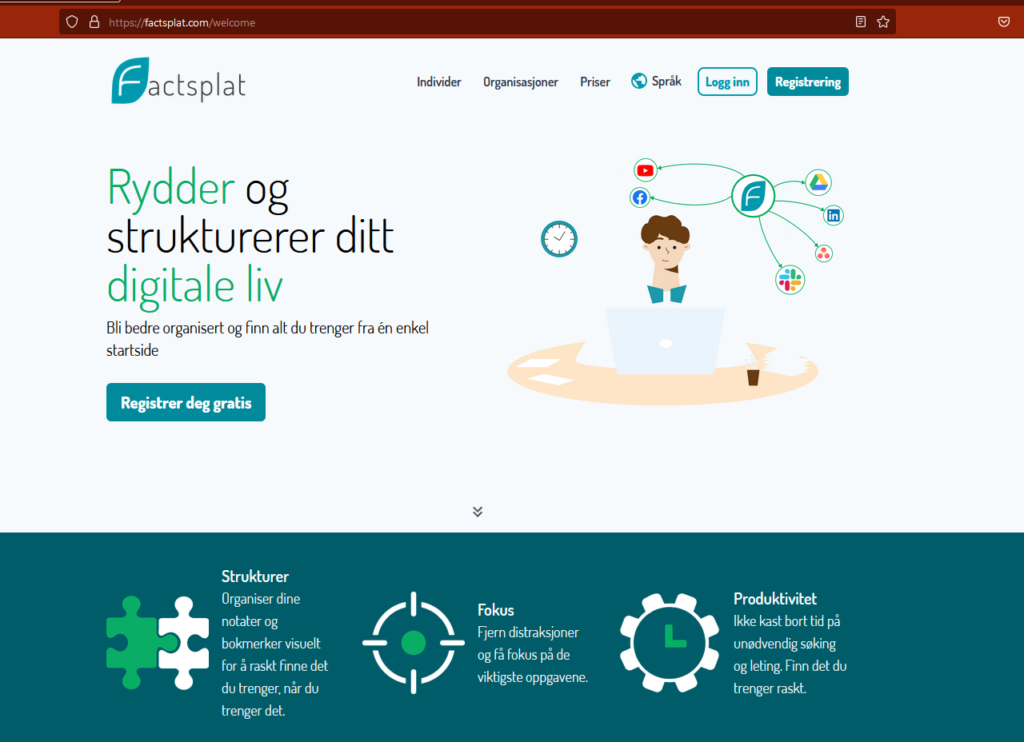 Skjermbilde av siden du kommer til når du går inn på factsplat.com