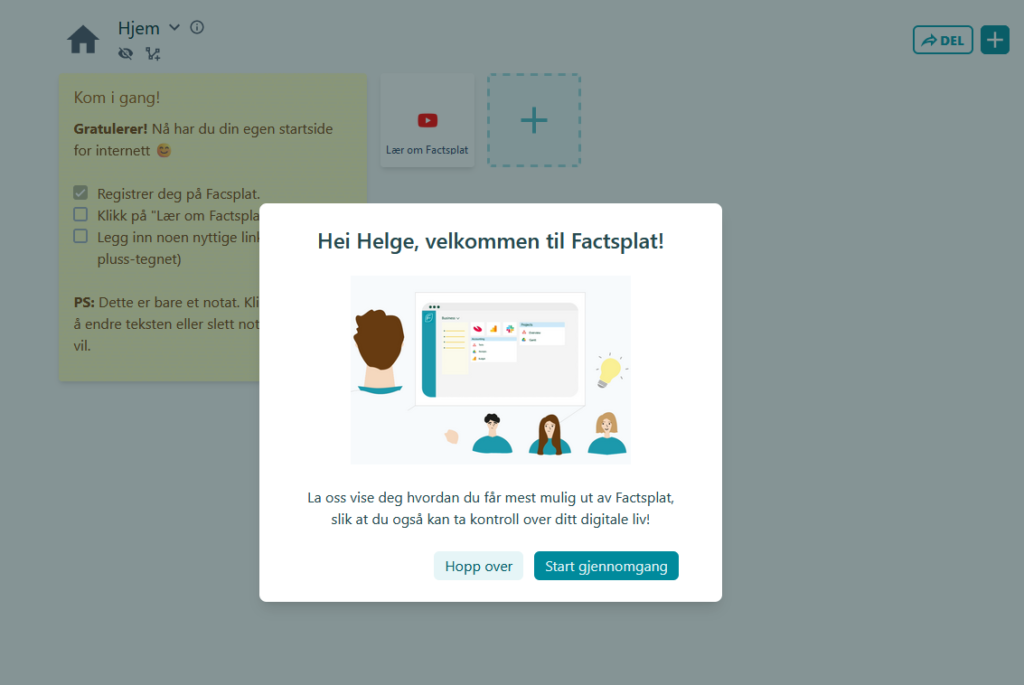 Skjermbilde av velkomstskjermen på factsplat