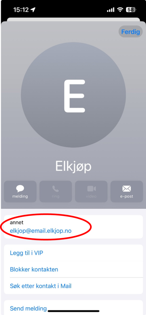 Skjermbilde av e-psotadressen til en ekte avsender