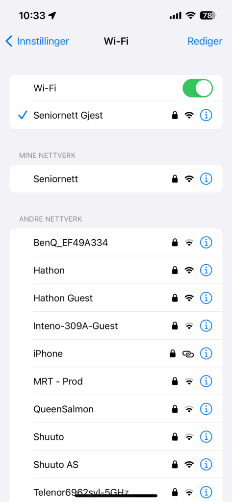 Skjermbilde som viser valgt wifi-nettverk