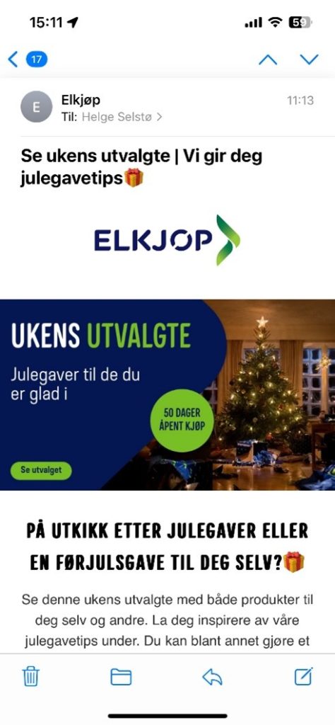 Skjermbilde av ekte e-post fra Elkjøp