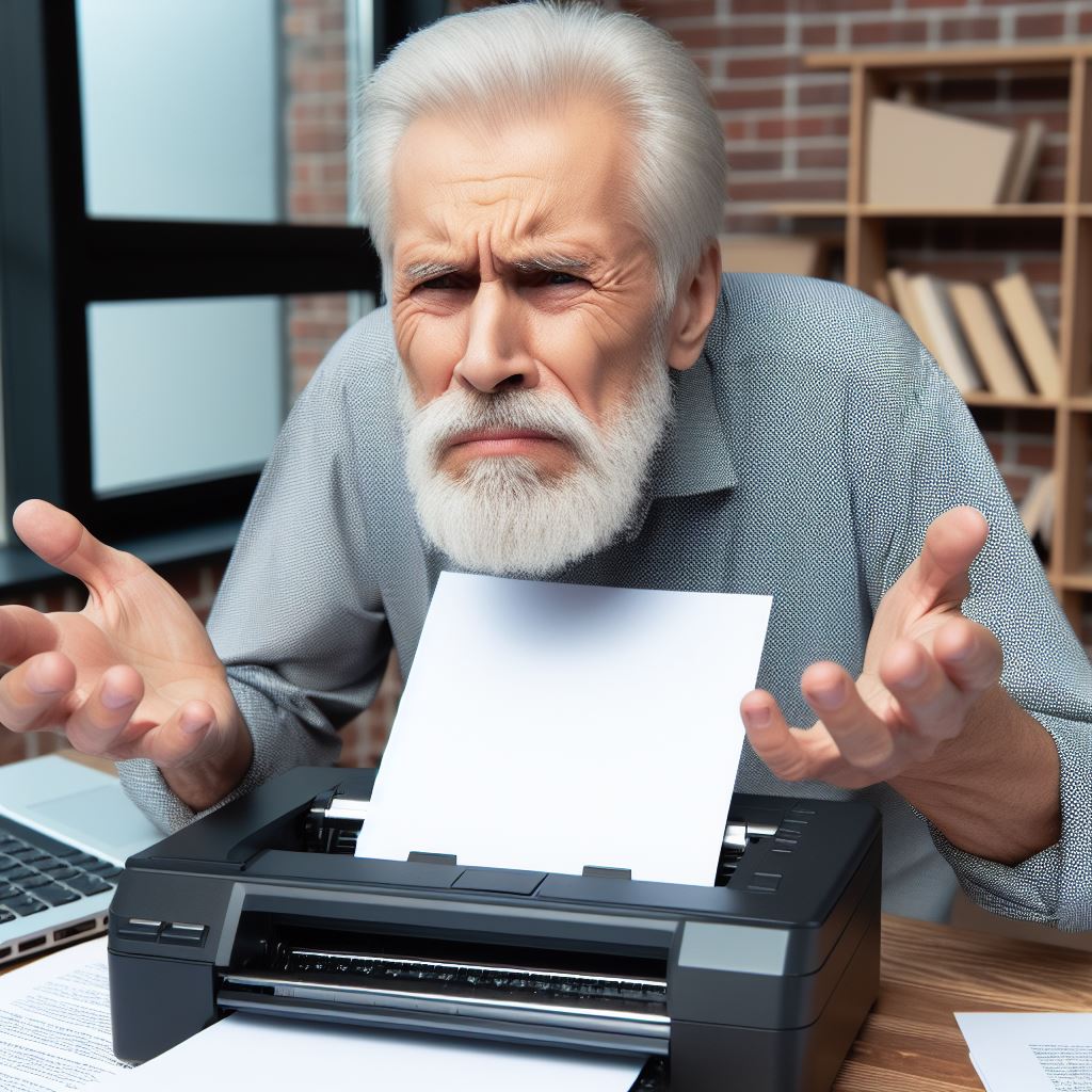 Bilde av senior som ikke får skrevet ut dokumentet sitt, fremstilt med kunstig intelligens