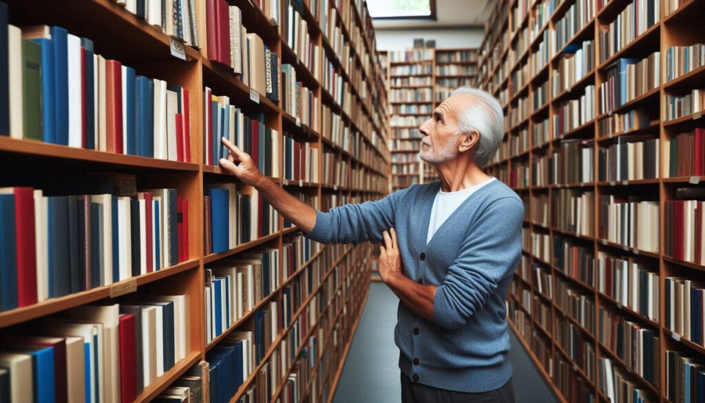 Person som leter etter bøker på et bibliotek - fremstilt med kunstig intelligens