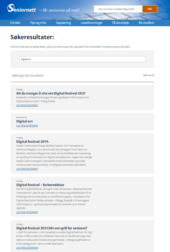 Søking på seniornett.no