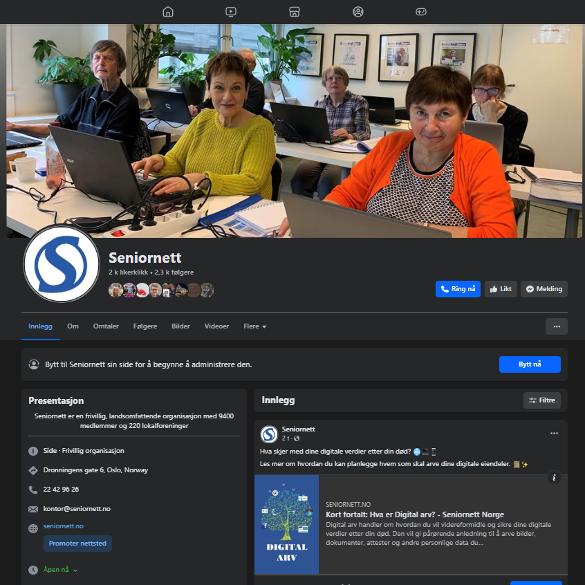 Skjermdump av Seniornetts vegg på Facebook