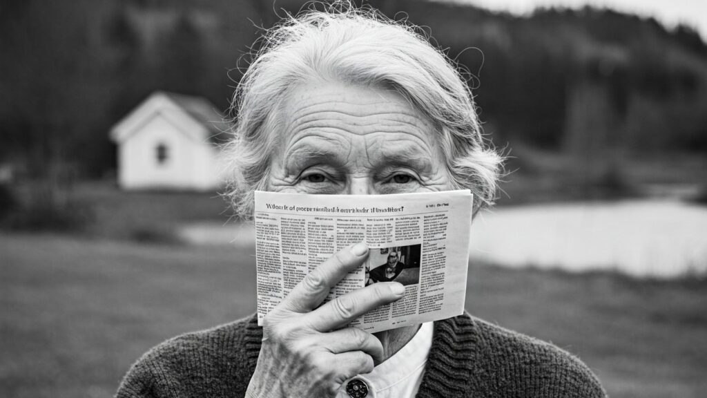 KI-generert bilde av person som skjuler deler av ansiktet bak en avis