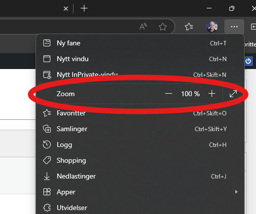 Skjermdump av meny for innstillinger i Edge