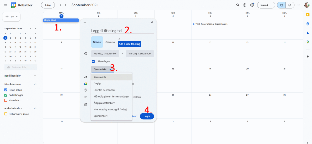 Skjermdump av Google-kalenderen med vindu for ny avtale åpnet.