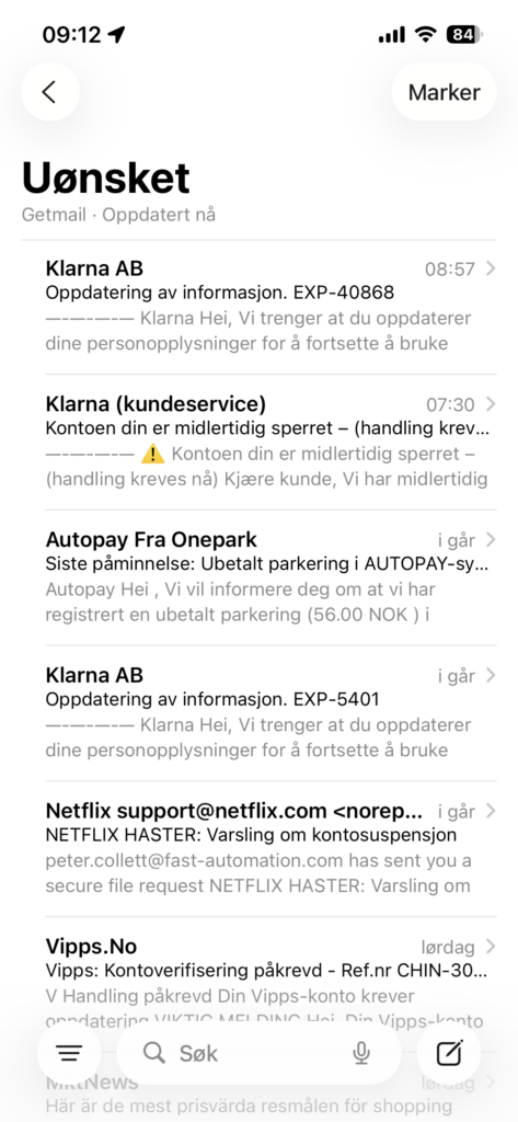 Skjermdump av uønsket mappen på e-postkontoen