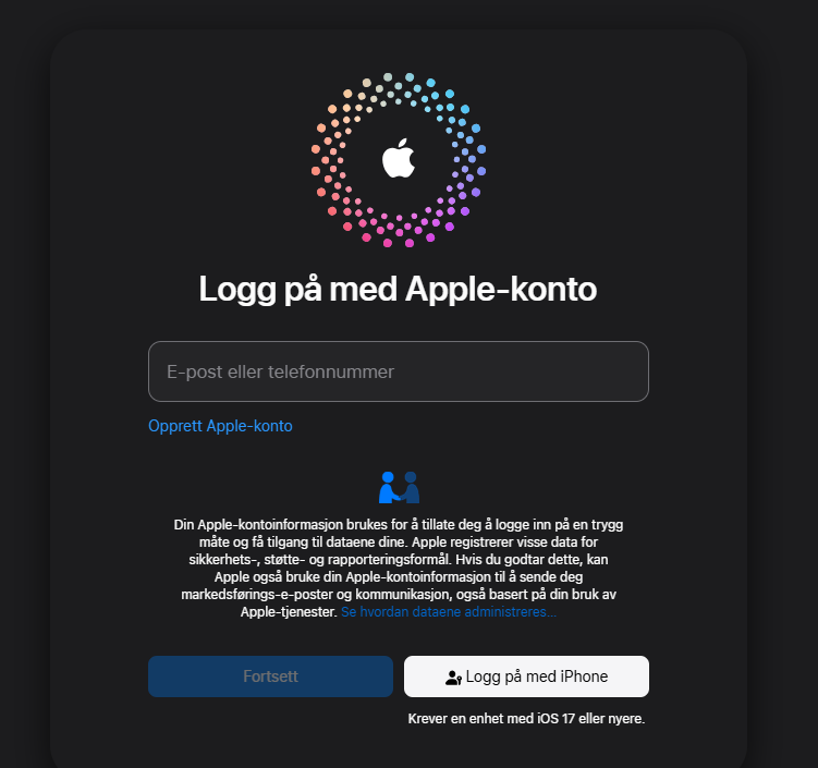 skjermbilde av påloggingsbilde iCloud