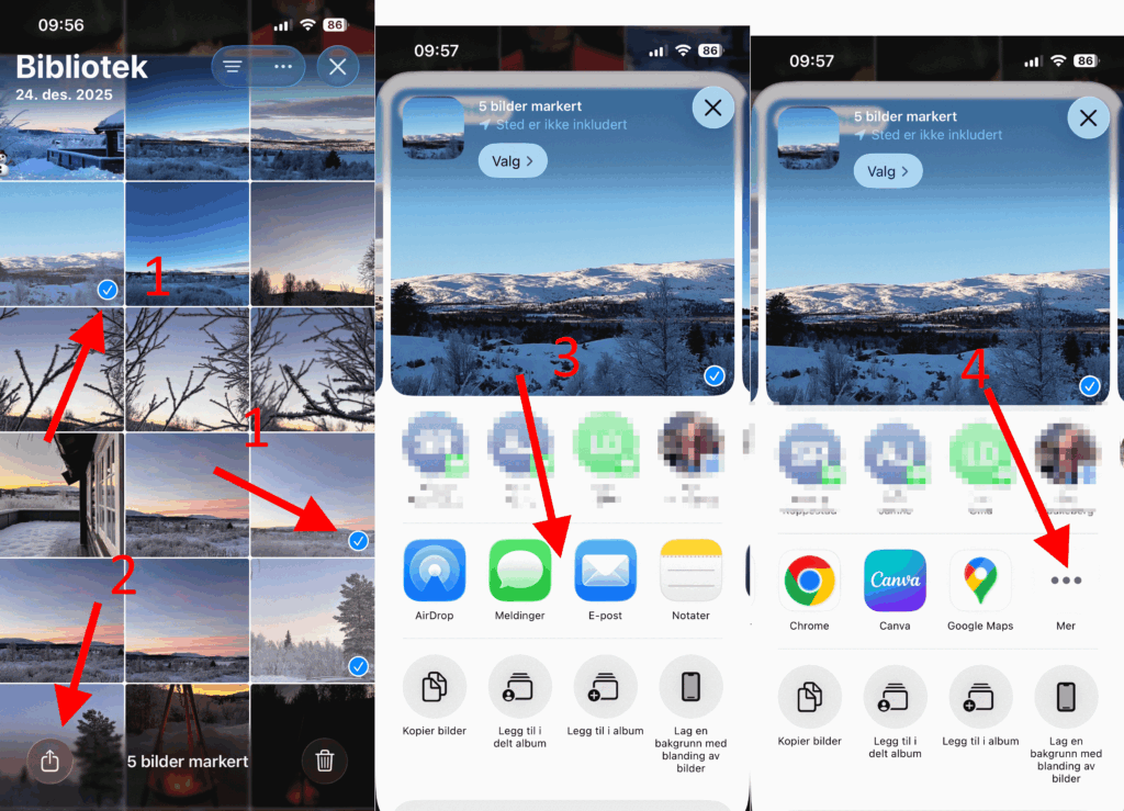 Tre skjermbilder som viser trinnene i overføring av bilder