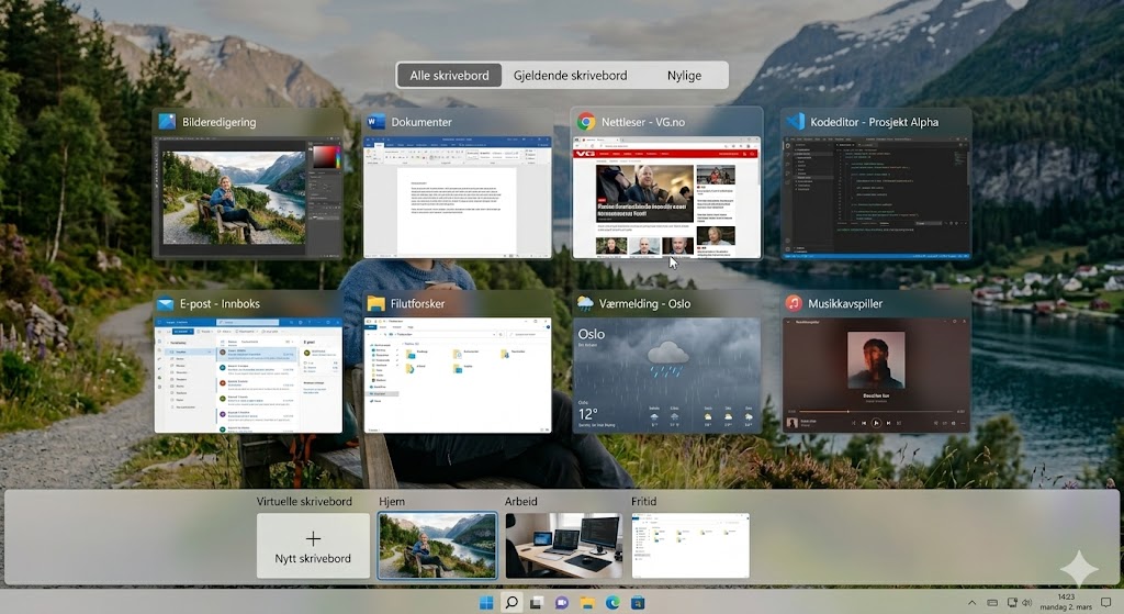 Eksempel på vinduer som vises når du trykker win+tab